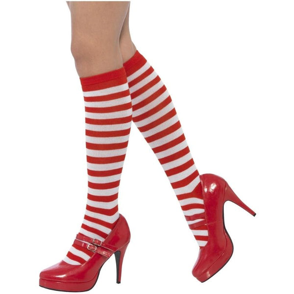 Knee-length striped red and white socks for Christmas costumes and themed outfits