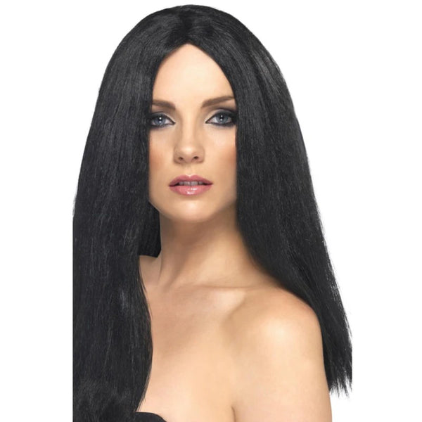 Black, long straight wig without fringe, perfect for a sleek, sophisticated look with a shiny, smooth texture