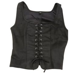 Brown corset vest over a white shirt