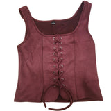 Burgundy Maroon corset top with lace-up front on a white background