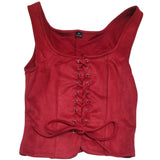red corset top with lace-up front on a white background for medieval and halloween costumes
