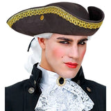 Person wearing a historical costume with a tricorn hat on a white background