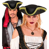 Two people wearing pirate costumes with black hats on a white background