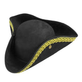 Black suede tricorn hat with gold braid trim costume accessory