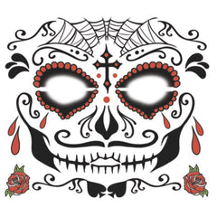 Sugar Man full face temporary tattoo in black and red tones by Tinsley Transfers.