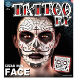 Sugar Man full face temporary tattoo in black and red tones by Tinsley Transfers.