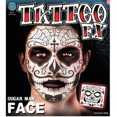Sugar Man full face temporary tattoo in black and red tones by Tinsley Transfers.