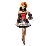 Sugar skull beauty costume with rainbow-trimmed lace dress for hire in Brisbane