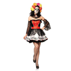 Sugar skull beauty costume with rainbow-trimmed lace dress for hire in Brisbane