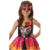 sugar skull day of the dead girls costume with headband enhanced with rosed and skull.