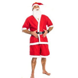 Summer Santa Costume with red jacket, shorts, hat, beard, and belt. One size felt outfit for Christmas parties.