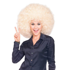 Female model wearing a super afro blonde wig with thick curly retro hairstyle