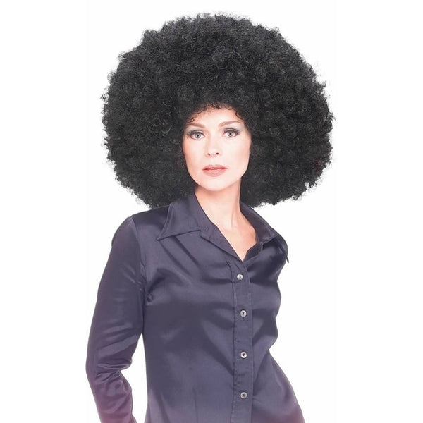 Super Black Afro Wig – adult-sized unisex wig with thick, curly polypropylene strands styled in a classic afro shape.