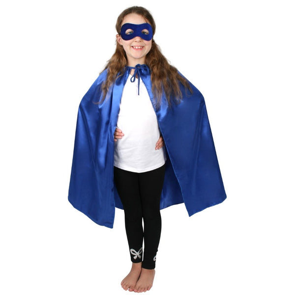 Super Hero Cape and Mask in blue, soft face round mask and blue satin cape.