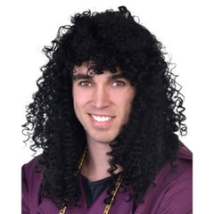 Long black curly wig with fringe for rocker or historical costumes