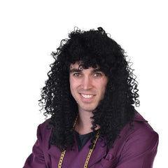 Long black curly wig with fringe for rocker or historical costumes