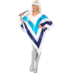 White Super Trooper poncho cape with blue ribbon detailing for 1970s or ABBA costumes