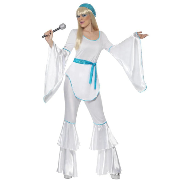 Super Trooper Female Costume, white flares and top with over sized bell sleeves.