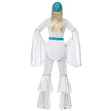Super trooper female costume in white with blue sequin trim, flowing sleeves and flared trousers with blue sequin cap and belt.