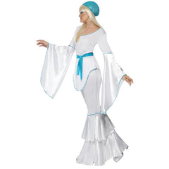 Super Trooper Female Costume, white flares and top with over sized bell sleeves.