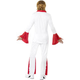 Back view of Super Trooper Male Costume featuring a white top and pants with red trim, and red flare inserts in the pants.