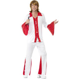 Front view of Super Trooper Male Costume featuring a white top and pants with red trim, and red flare inserts in the pants. The outfit has a sleek, retro look with a touch of 70s style.