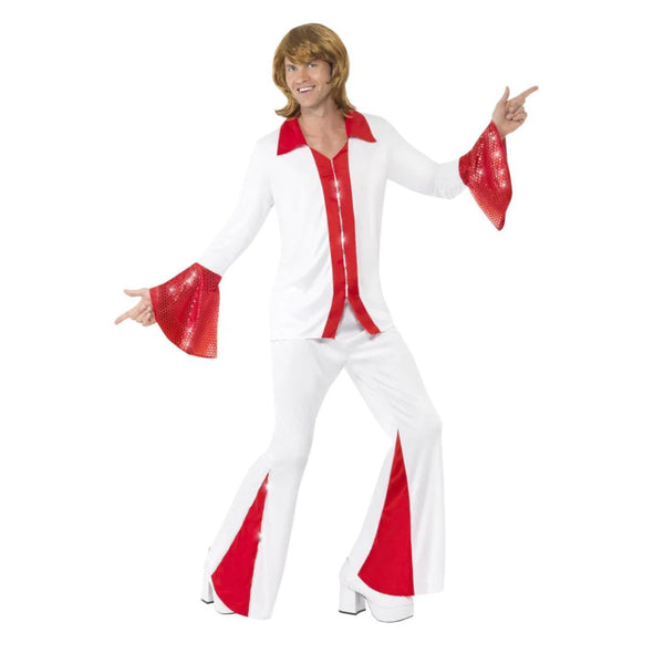 Super Trooper Male Costume with white shirt, red sleeve flare, and matching trousers with red sequin insert