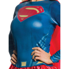Adult Supergirl costume with printed bodice, red skirt, cape, and knee-high stockings