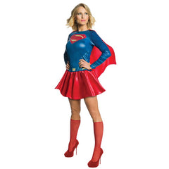 Adult Supergirl costume with printed bodice, red skirt, cape, and knee-high stockings
