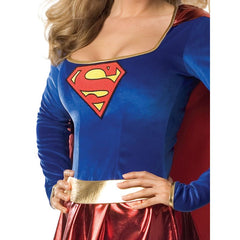 Supergirl Secret Wishes Costume - Adult, dress, attached cape with metallic skirt, "S" emblem on the front plus boot tops.