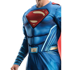 Adult wearing an officially licensed Superman Dawn of Justice costume with padded muscle chest and detachable red cape.