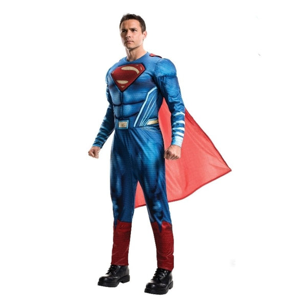 Adult wearing an officially licensed Superman Dawn of Justice costume with padded muscle chest and detachable red cape.