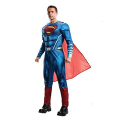 Adult wearing an officially licensed Superman Dawn of Justice costume with padded muscle chest and detachable red cape.