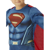 Close up of superman deluxe child costume with logo on chest and cape