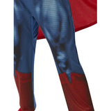 Close up of superman deluxe child costume with printed front of trouser and boot tops 