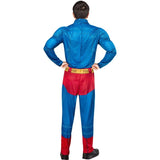 Superman costume with blue suit and red accents on a white background