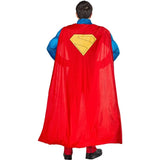 Person wearing a Superman costume with a red cape and blue shirt on a white background