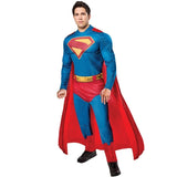 Adult wearing an officially licensed Superman Deluxe Muscle Chest costume with padded jumpsuit and detachable red cape
