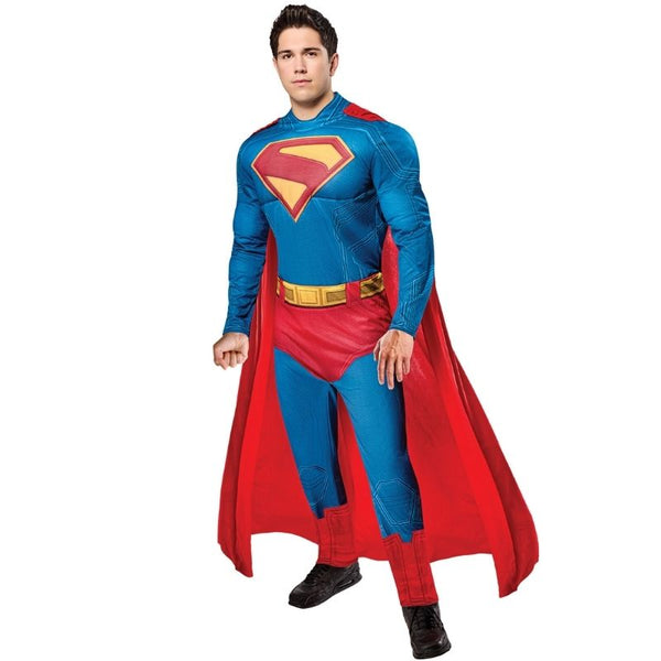 Adult wearing an officially licensed Superman Deluxe Muscle Chest costume with padded jumpsuit and detachable red cape