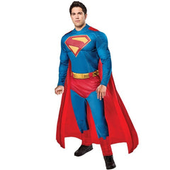 Adult wearing an officially licensed Superman Deluxe Muscle Chest costume with padded jumpsuit and detachable red cape