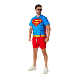 Superman shirt with attached red cape and red shorts