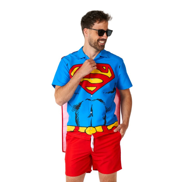 Superman Swim Suit Combo by Suitmeister with shirt, detachable cape, and shorts – superhero swimwear for parties or beach days