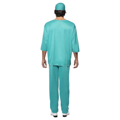 Surgeon Scrubs Adult Costume, elbow length scrubs, top with medic emblem, pants, mask,  hat.