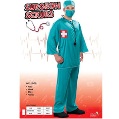 Surgeon Scrubs Adult Costume by Dr Toms with top, trousers, mask, and cap