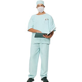 Surgeon scrubs adult costume by Fun Kiwi, green scrubs, shirt, pants face mask and hat.