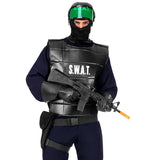 Person wearing a S.W.A.T. costume with a vest, helmet, and tactical gear on a white background