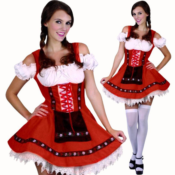 Sweet Hannah Dirndl - Oktoberfest, red dress with white puffy sleeves, braid trim and separate apron.