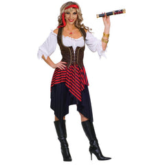 Ladies pirate costume with peasant blouse, corset, skirt, and headband