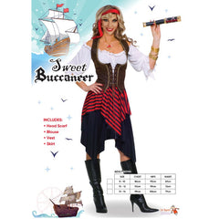 Ladies pirate costume with peasant blouse, corset, skirt, and headband