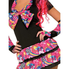 Sweet Trixie 80s mini dress with colourful bow, gauntlets, and mesh leg warmers – ideal for retro theme parties